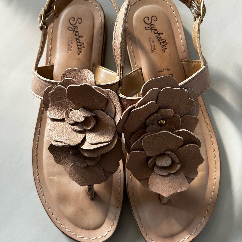 Seychelles Tan Sandals with Floral Embellishment